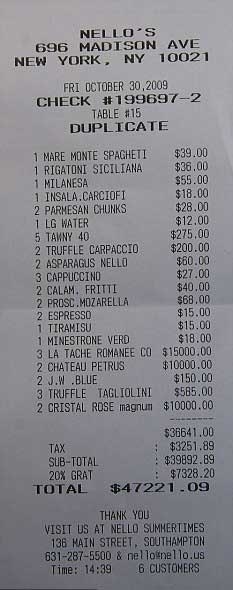 expensive restaurant bill